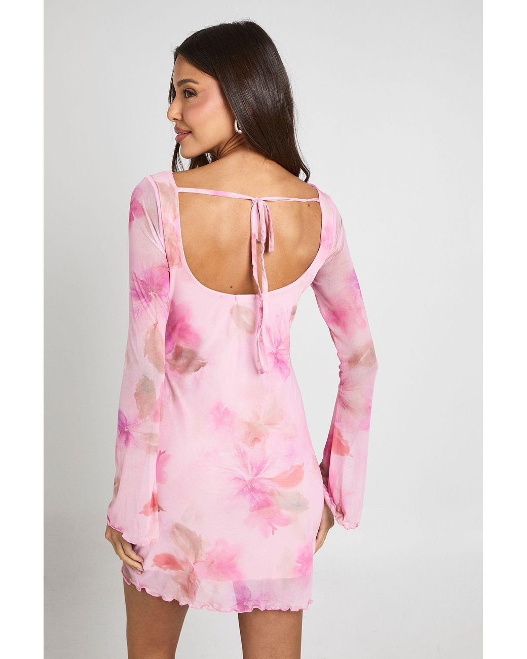 Boohoo Pink Floral Mesh Flare Sleeve Mini Dress