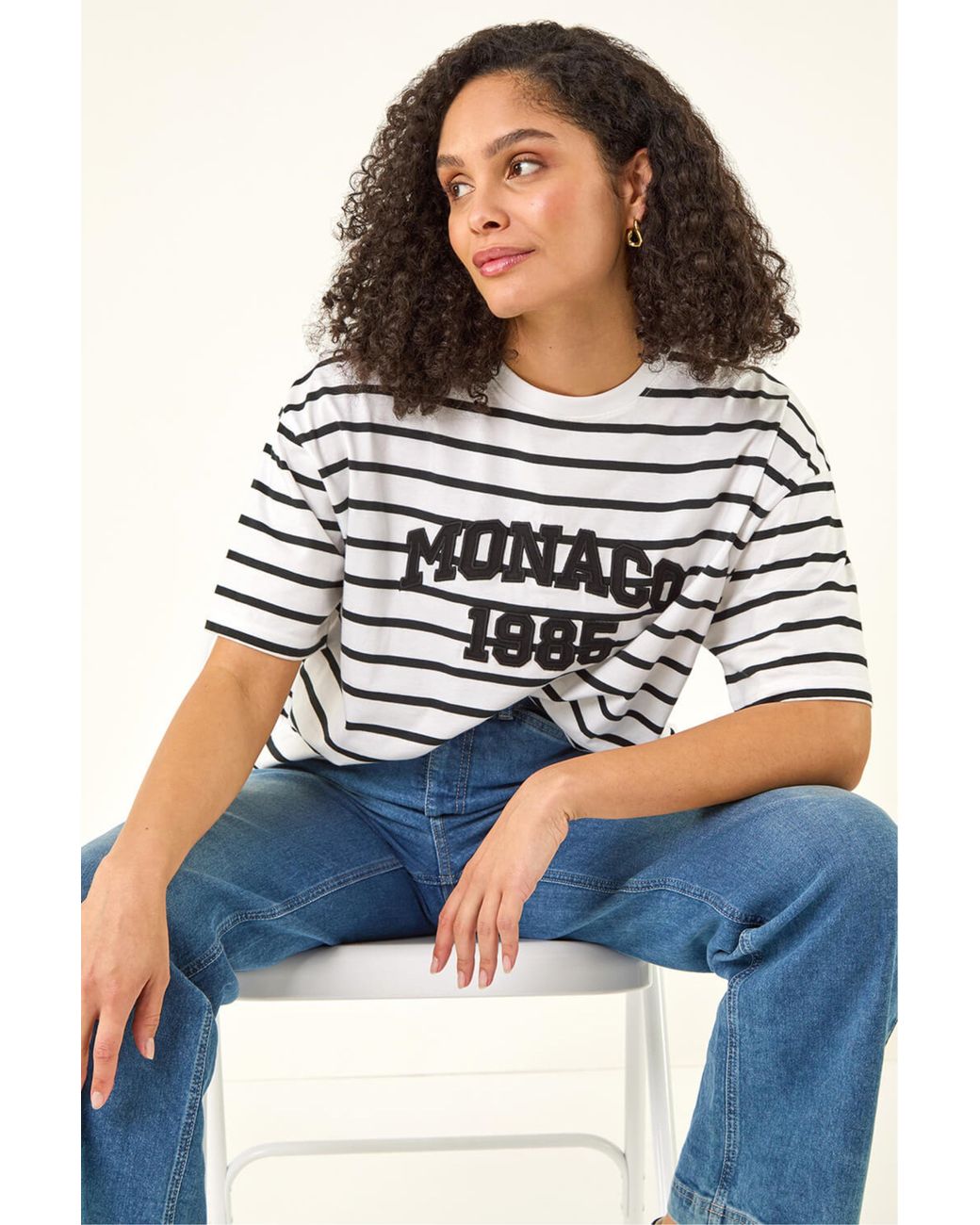 Roman Blue Monaco Stripe Print Cotton Top