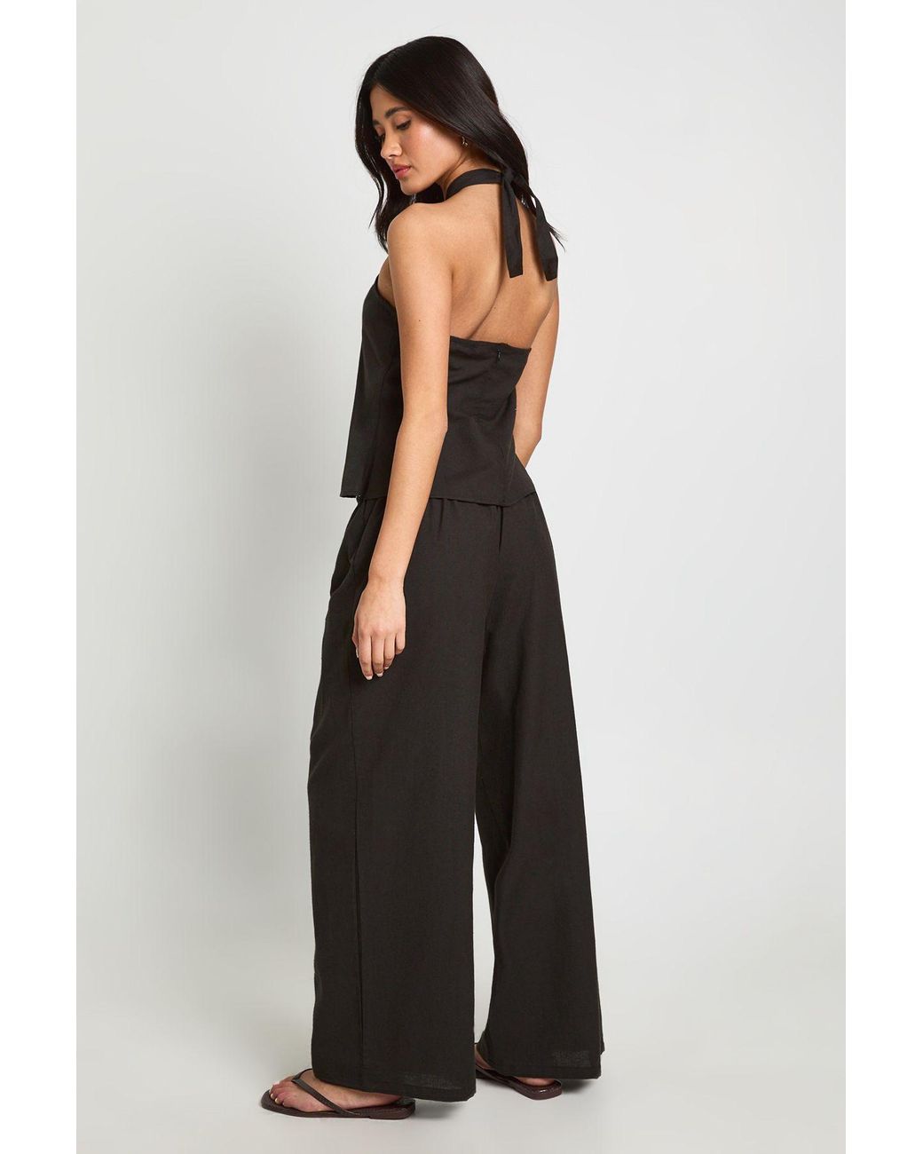 Boohoo Black Linen Look Beaded Halter Neck Top & Slouchy Trouser Co-Ord