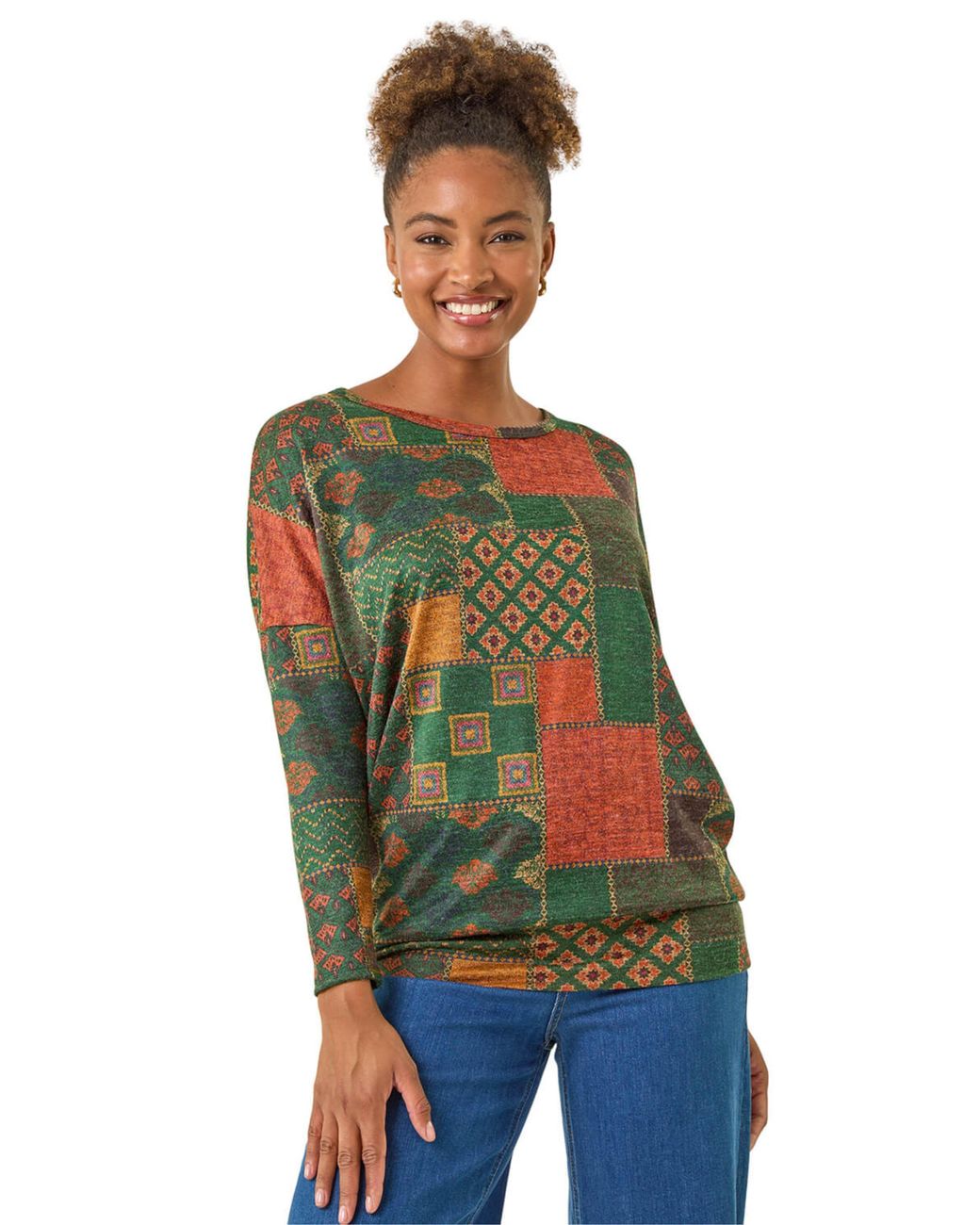 Roman Red Patchwork Print Snit Top