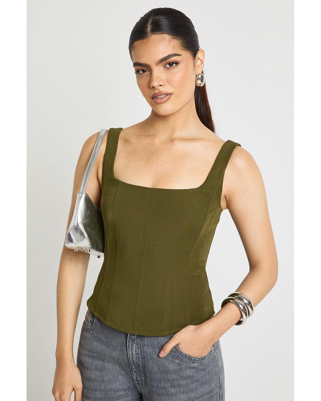Boohoo Green Structured Crepe Corset Top