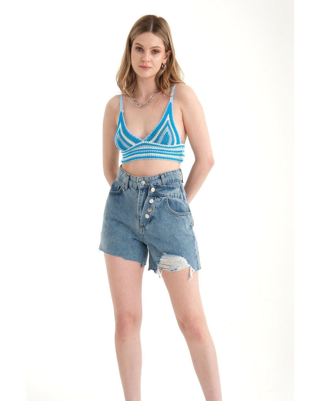 Hiccup Blue Striped V Neck Knitted Crochet Crop Top
