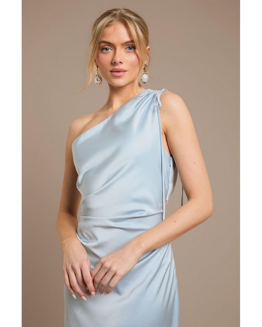 Oasis Blue Ruched Side Detail One Shoulder Satin Maxi Bridesmaid Dress