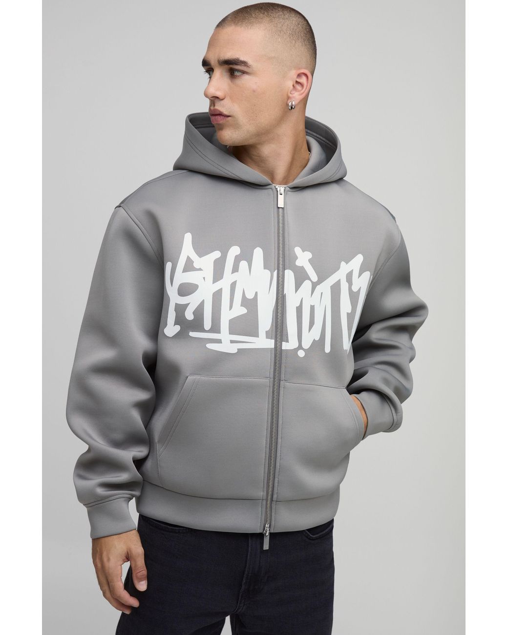 BoohooMAN Gray Oversized Boxy Bhm Graffiti Bonded Scuba Printed Zip Through Hoodie for men