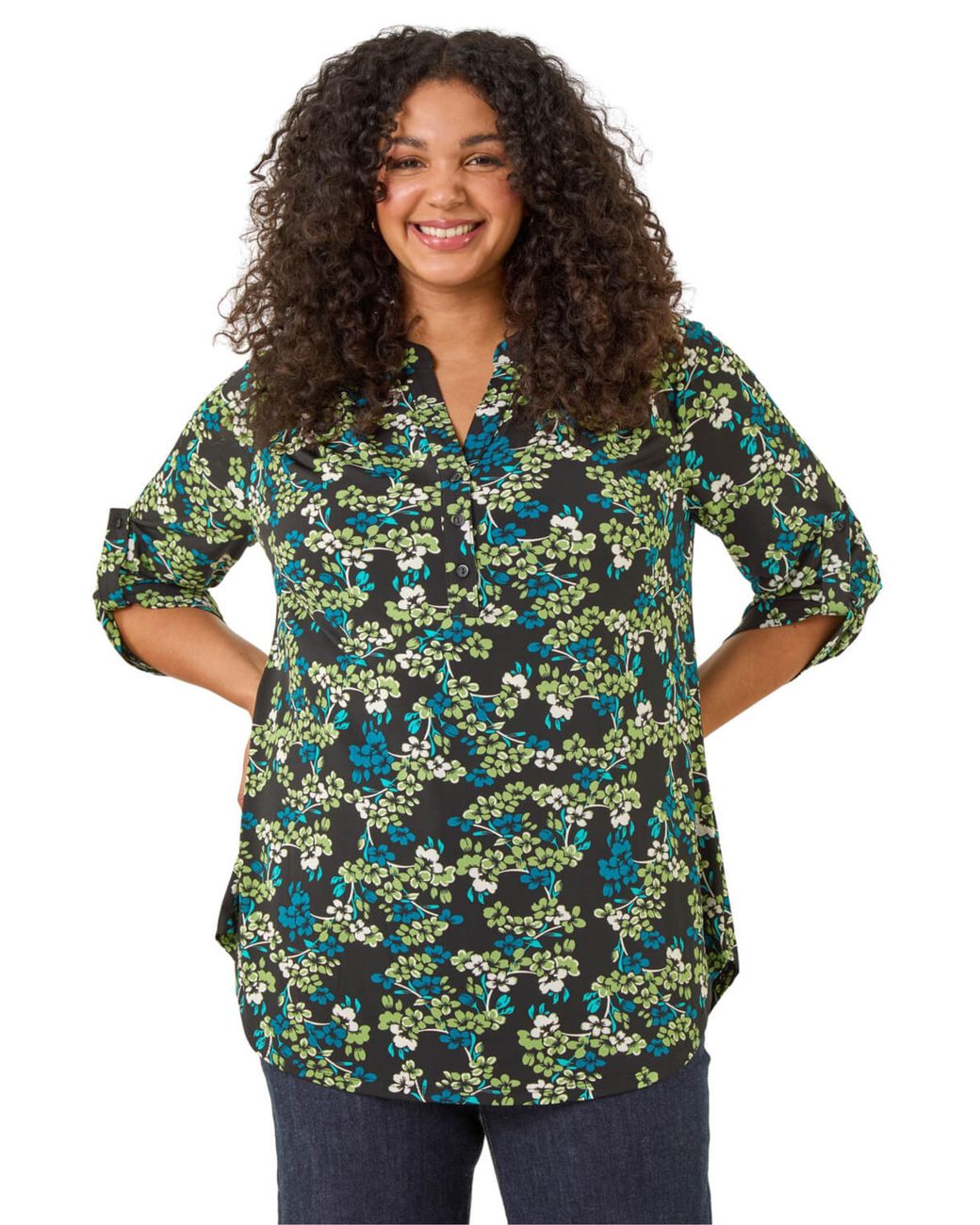 Roman Green Curve Textured Floral Puff Print Shirt