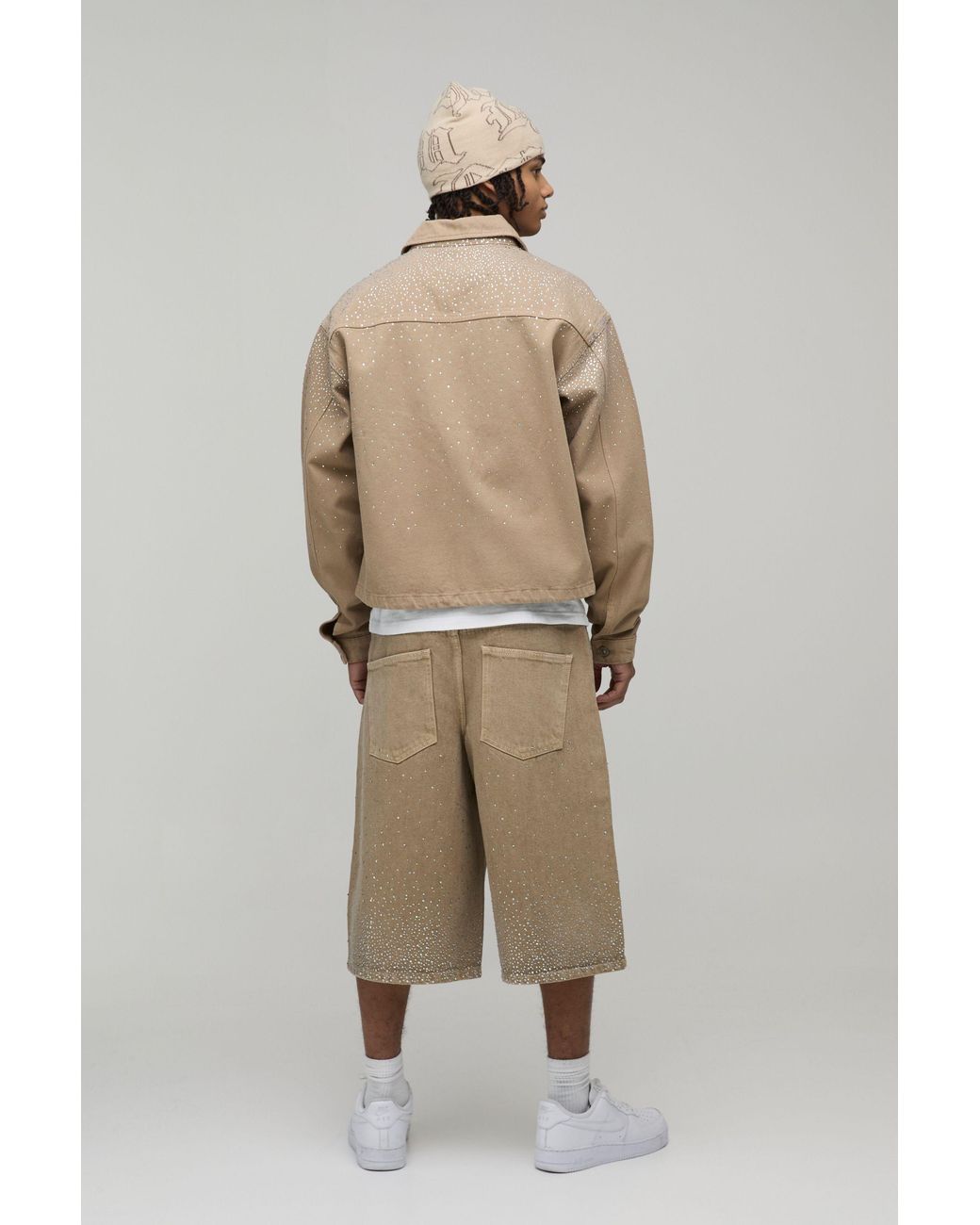 BoohooMAN Green Washed Relaxed Fit Belted Rhinestone Denim Jorts for men