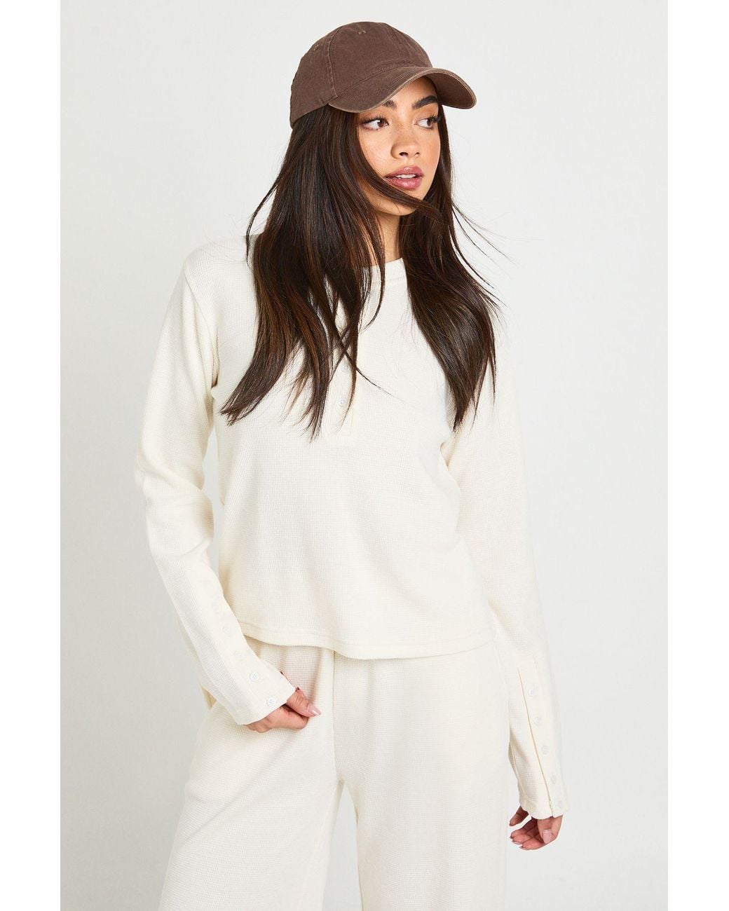 Boohoo Natural Waffle Henley Long Sleeve Top