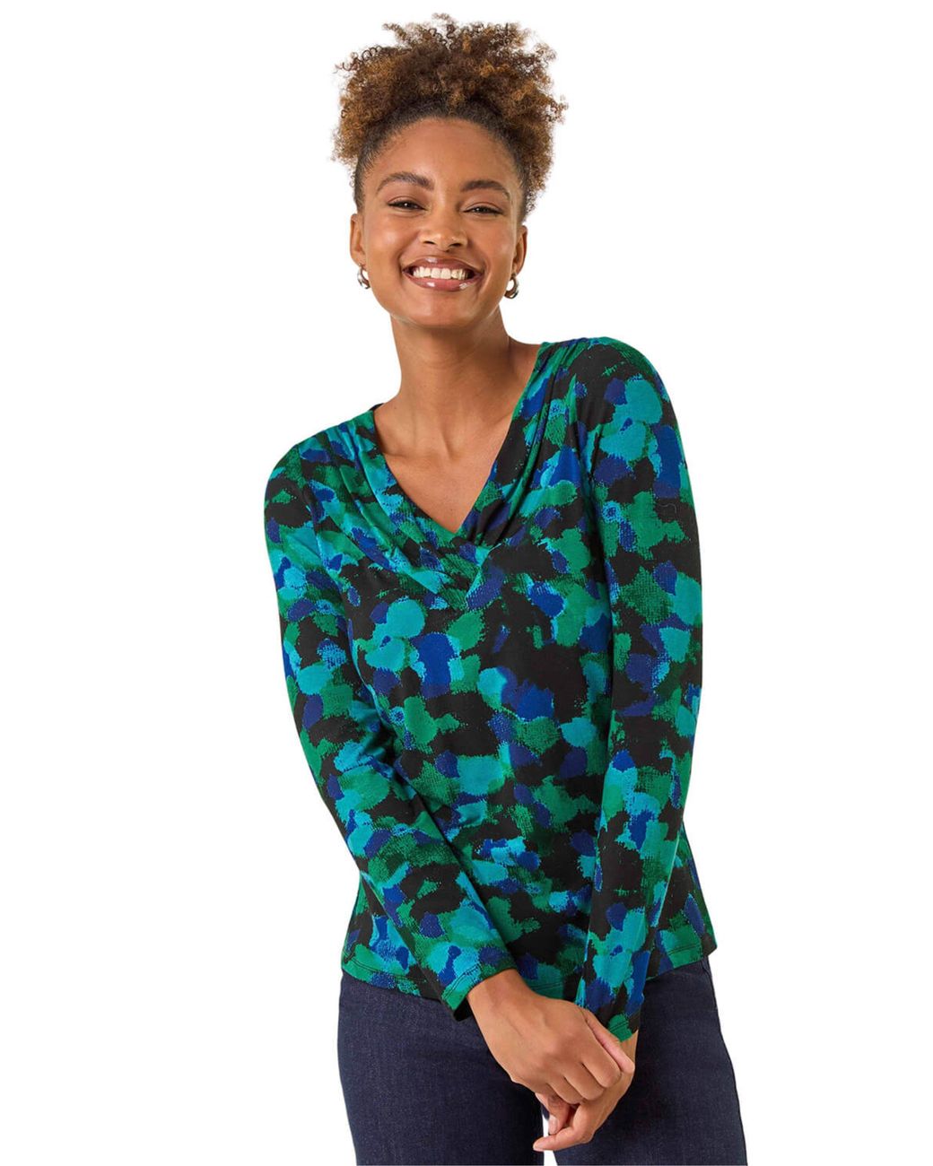Roman Blue Printed V-Neck Stretch Top