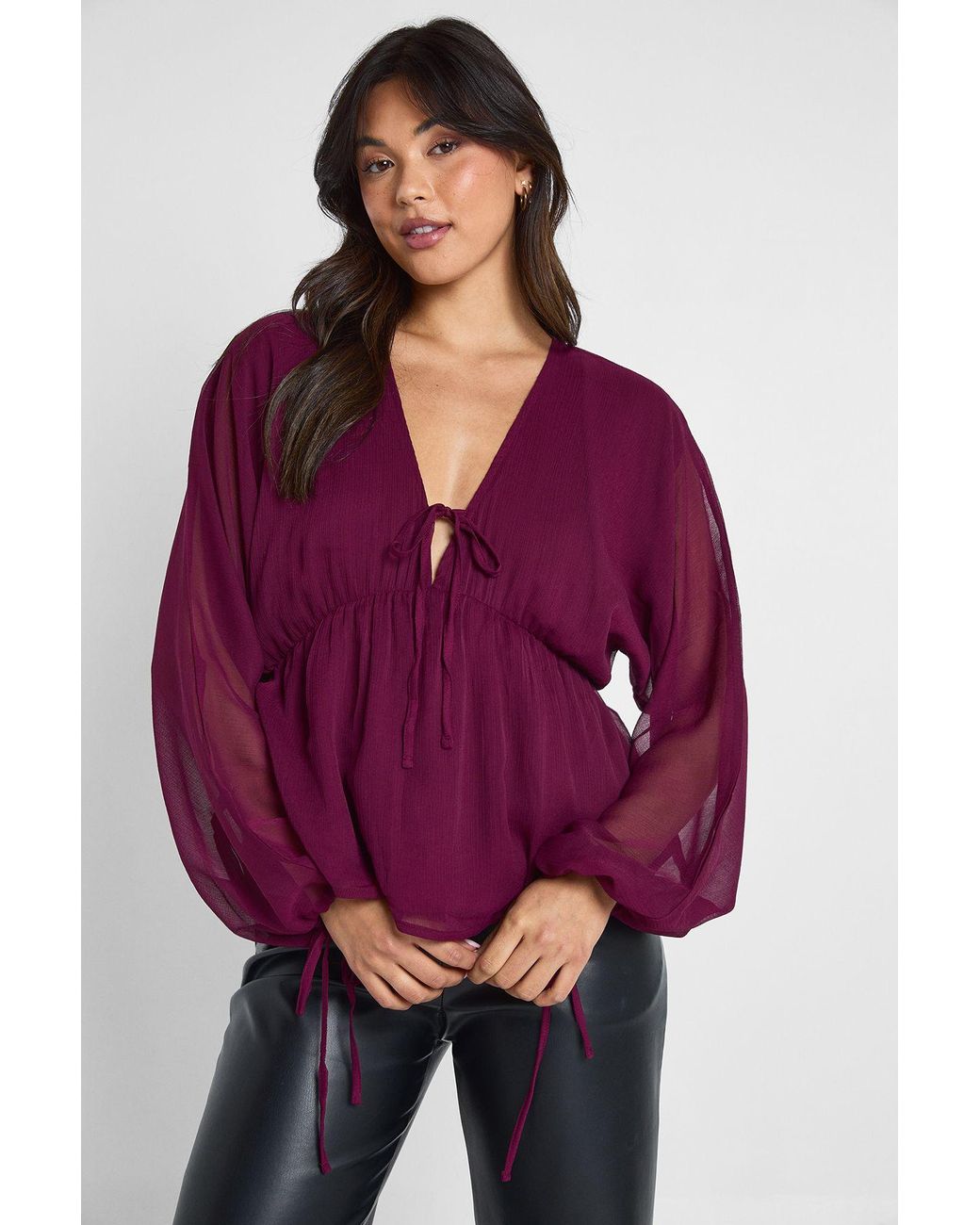 Boohoo Purple Chiffon Tie Front Volume Blouse