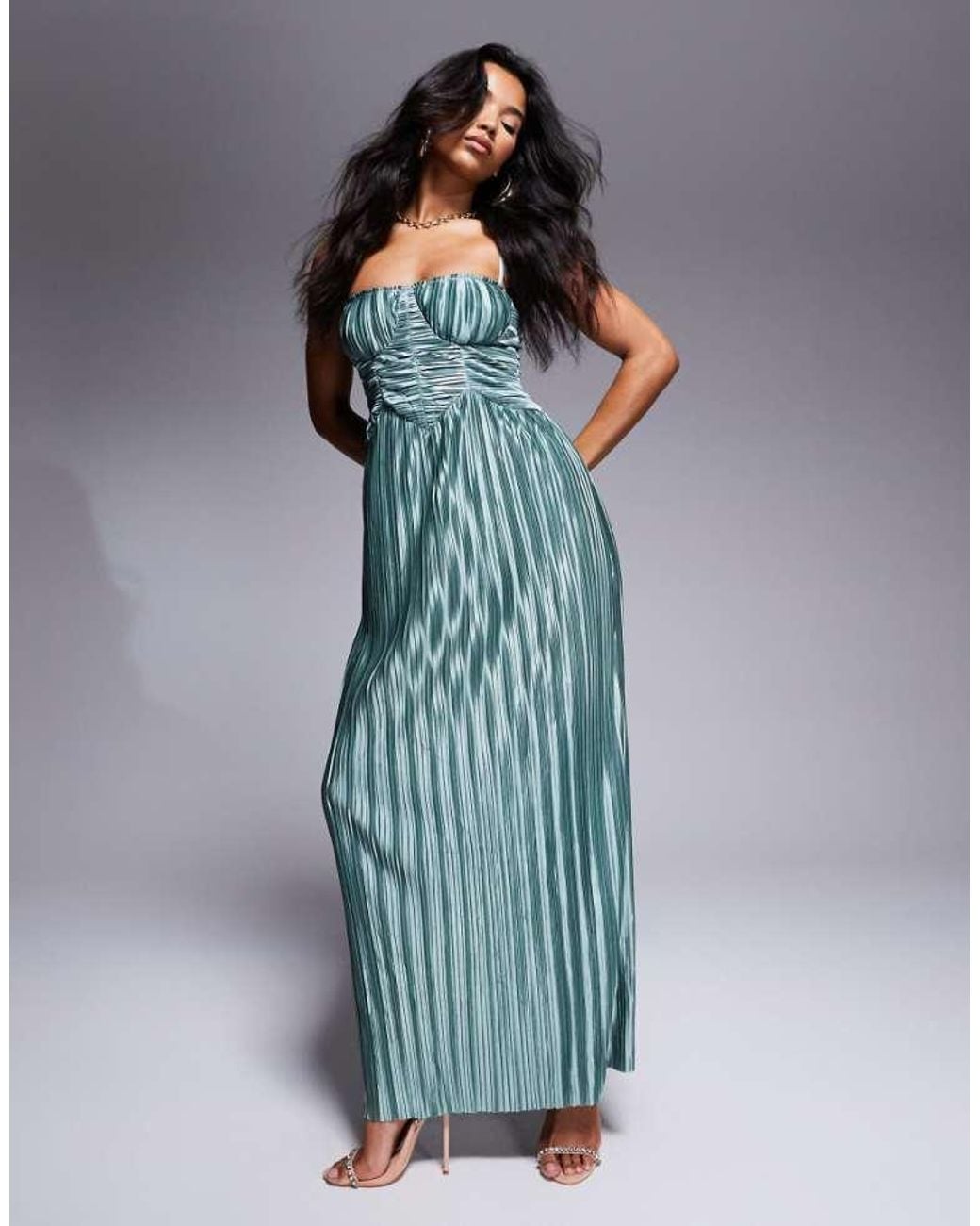 ASOS Blue Metallic Plisse Cupped Ruched Detail Maxi Dress