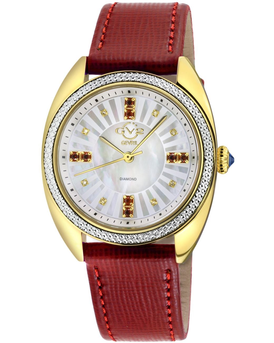 Gv2 Red Palermo Swiss Quatz Diamond Gemstone Leather Watch