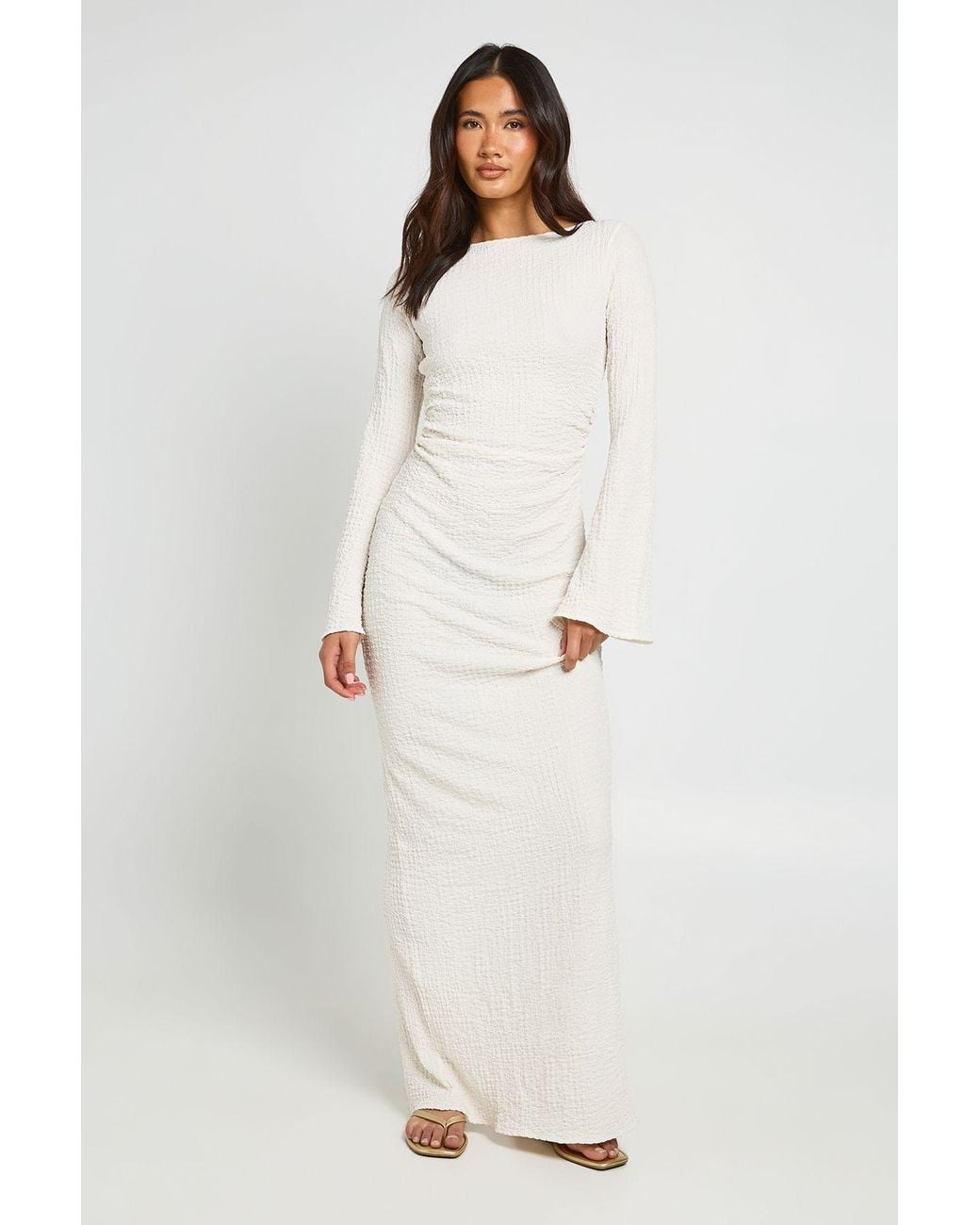 Boohoo White Textured Open Back Flared Sleeve Maxi Dress
