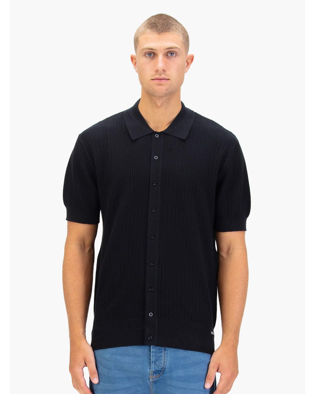 Luke 1977 Black Dalwood Button Through Knitted Polo for men