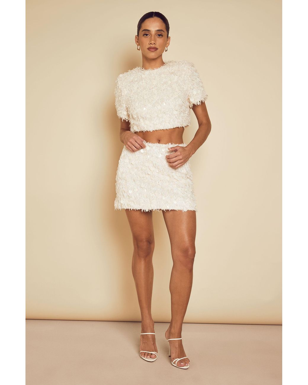 MissPap Natural Textured Fluffy Sequin Mix Mini Skirt
