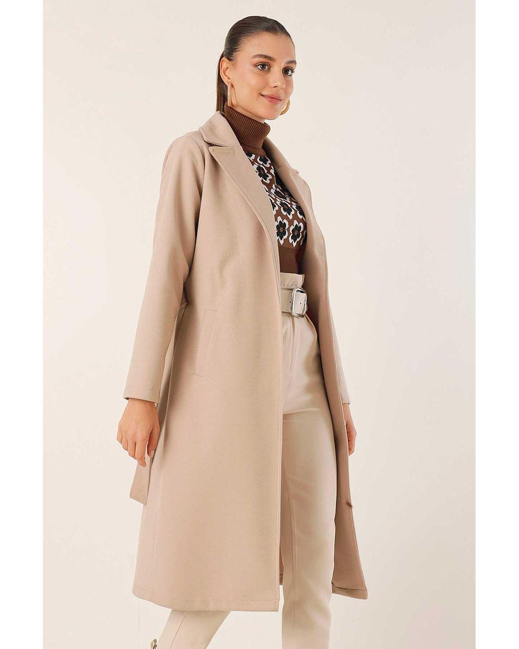 Bigdart Natural Double Breasted Tie Closure Textured Coat