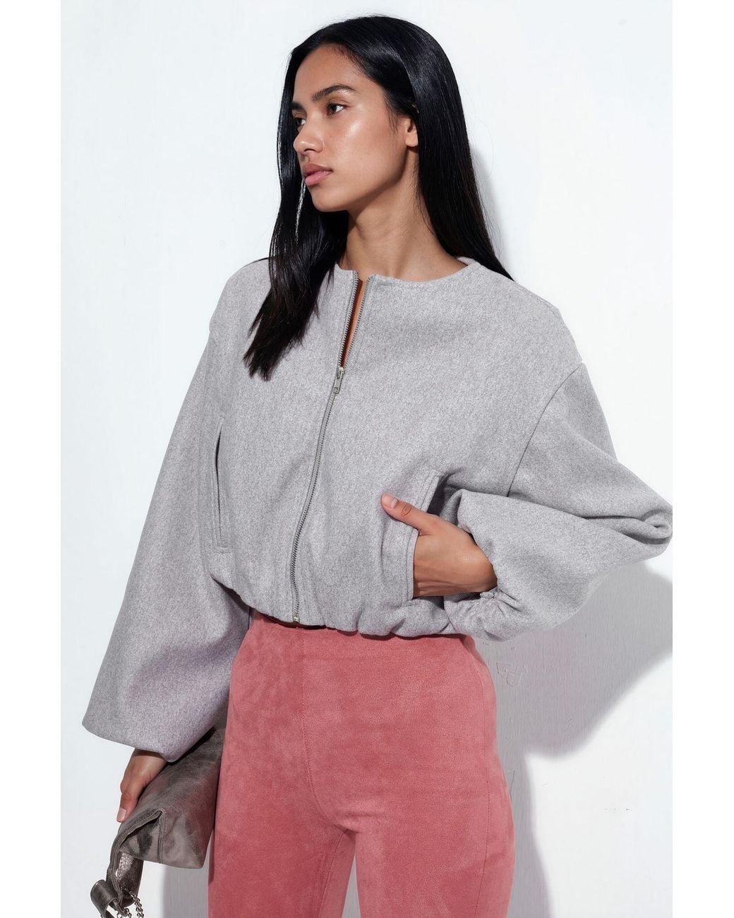 Busem Gray Crop Gabardine Jacket With Zipper And Pocket