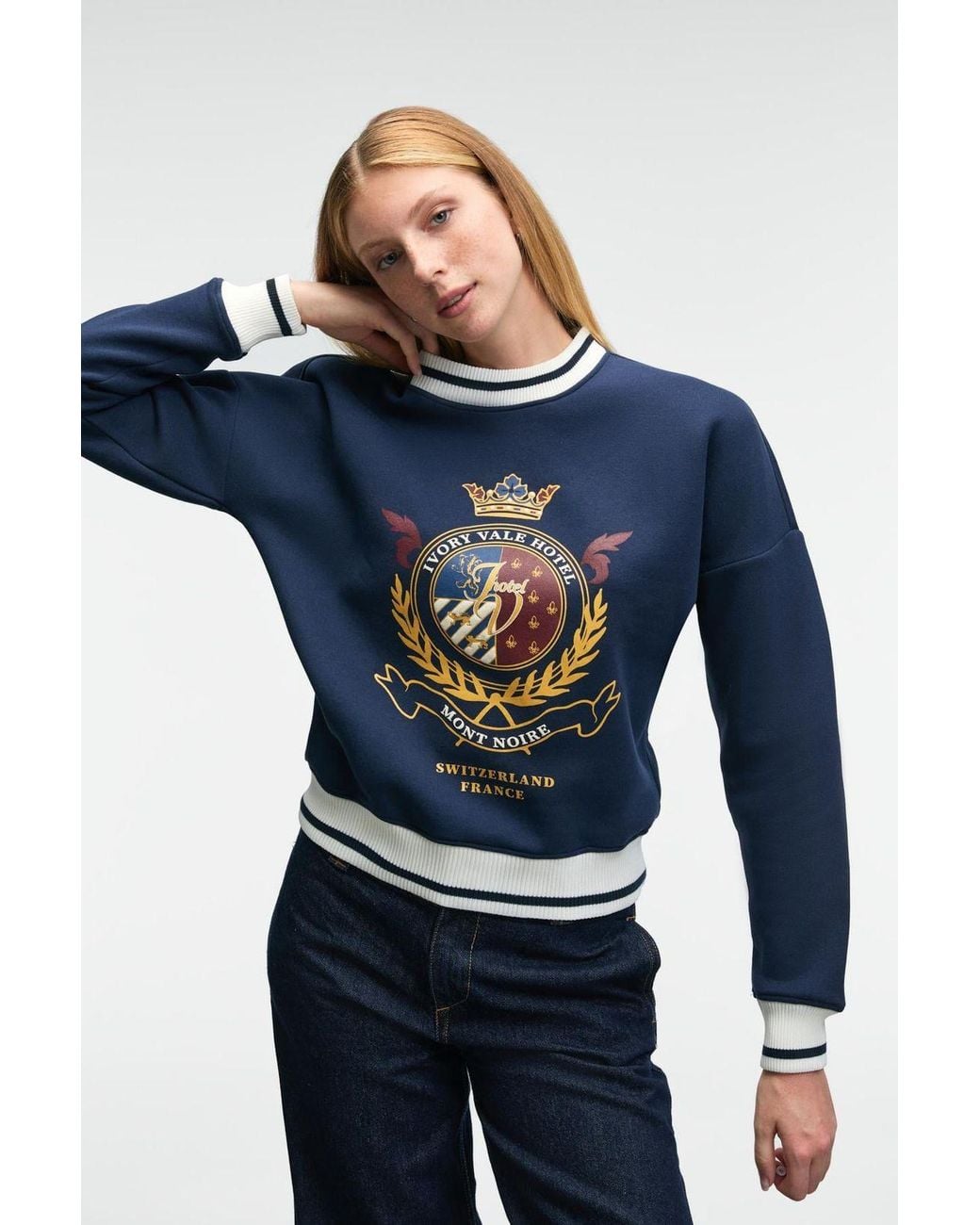 Grimelange Blue Crop Crew Neck Logo Sweatshirt