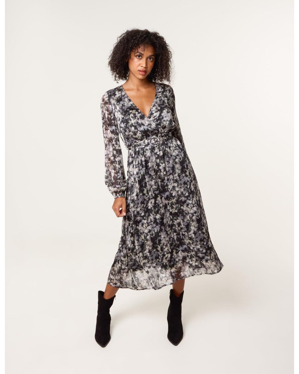 Blue Vanilla Black Printed Lurex Buckle Belted Midi Dress
