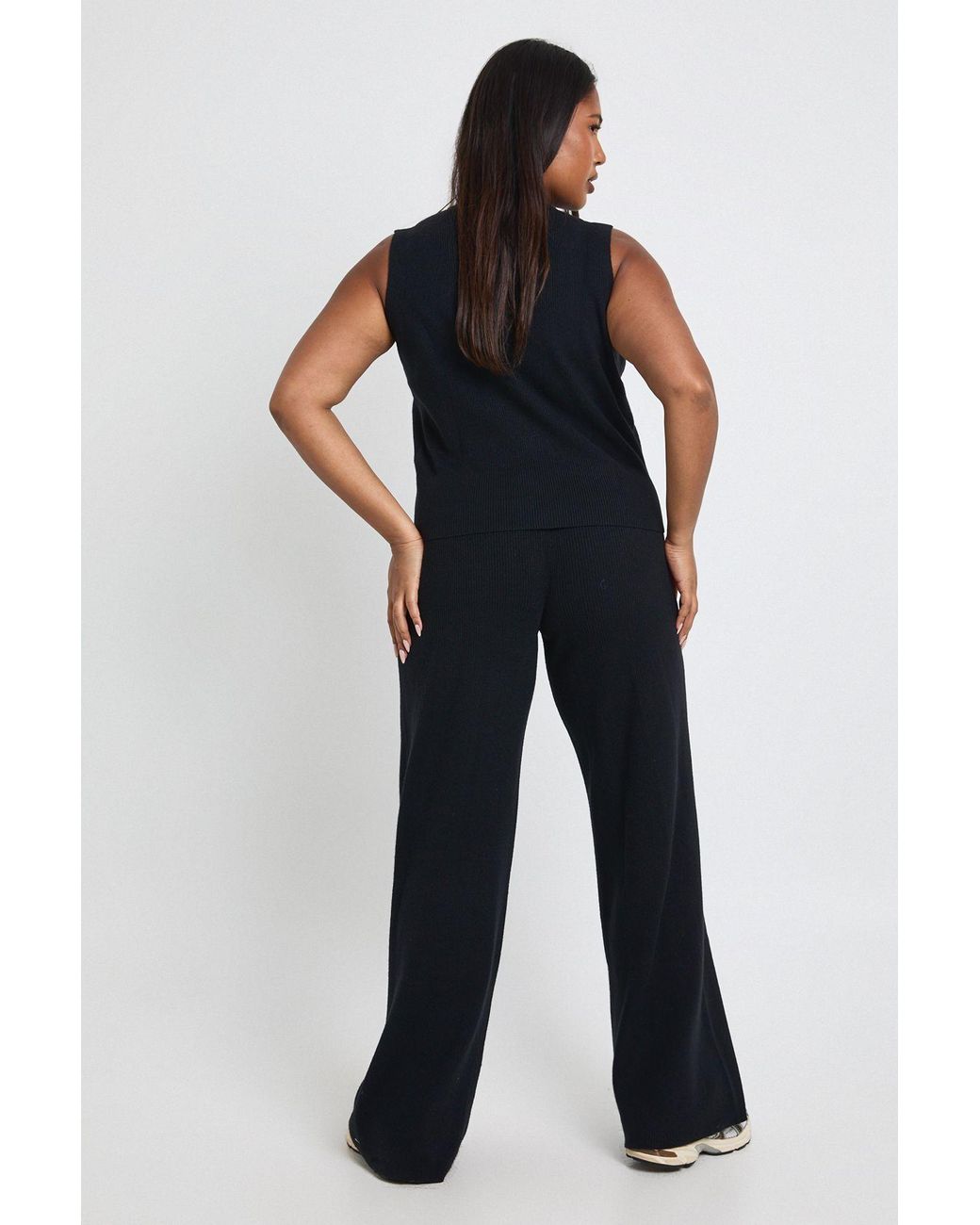 Boohoo Blue Plus Super Soft Rib Knitted Waistcoat And Wide Leg Trouser Co-Ord