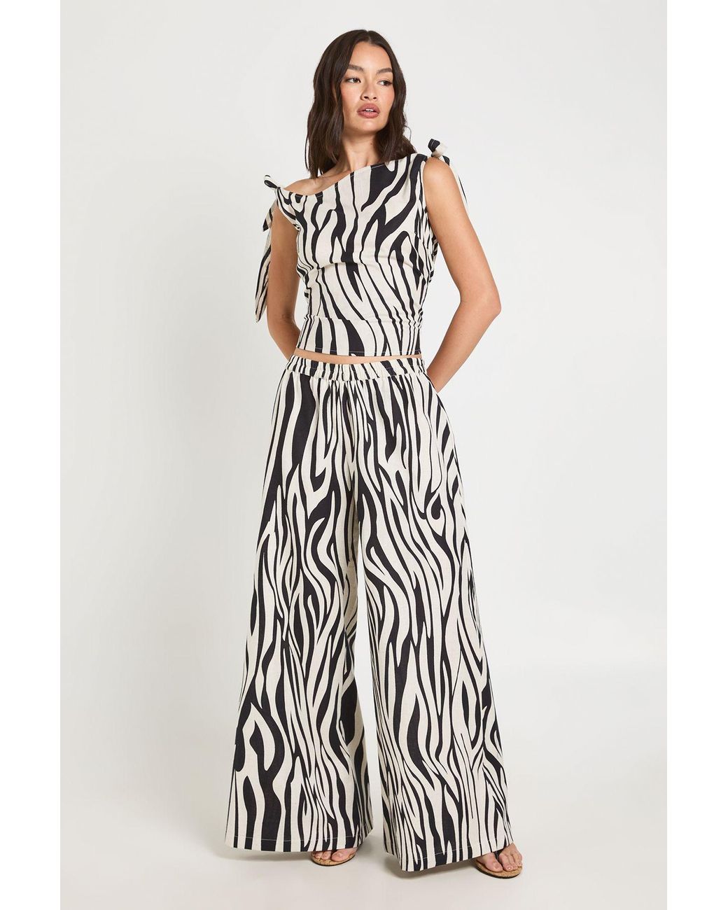 Boohoo White Zebra Linen Look Tie Shoulder Top & Extreme Wide Leg Trouser Co-Ord