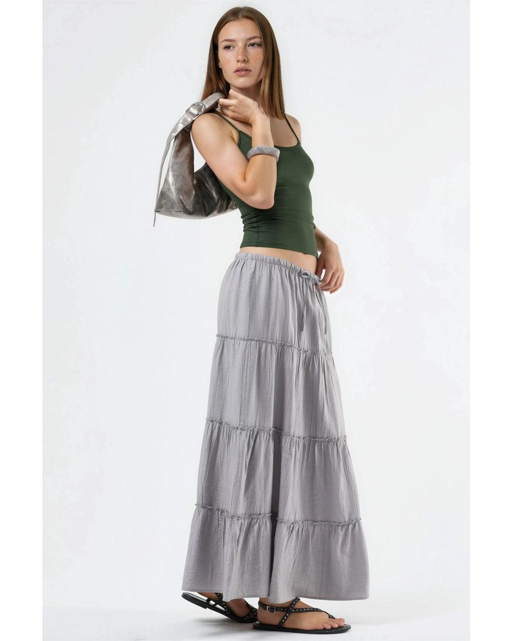 Busem Gray High Waist Textured A-Line Maxi Skirt
