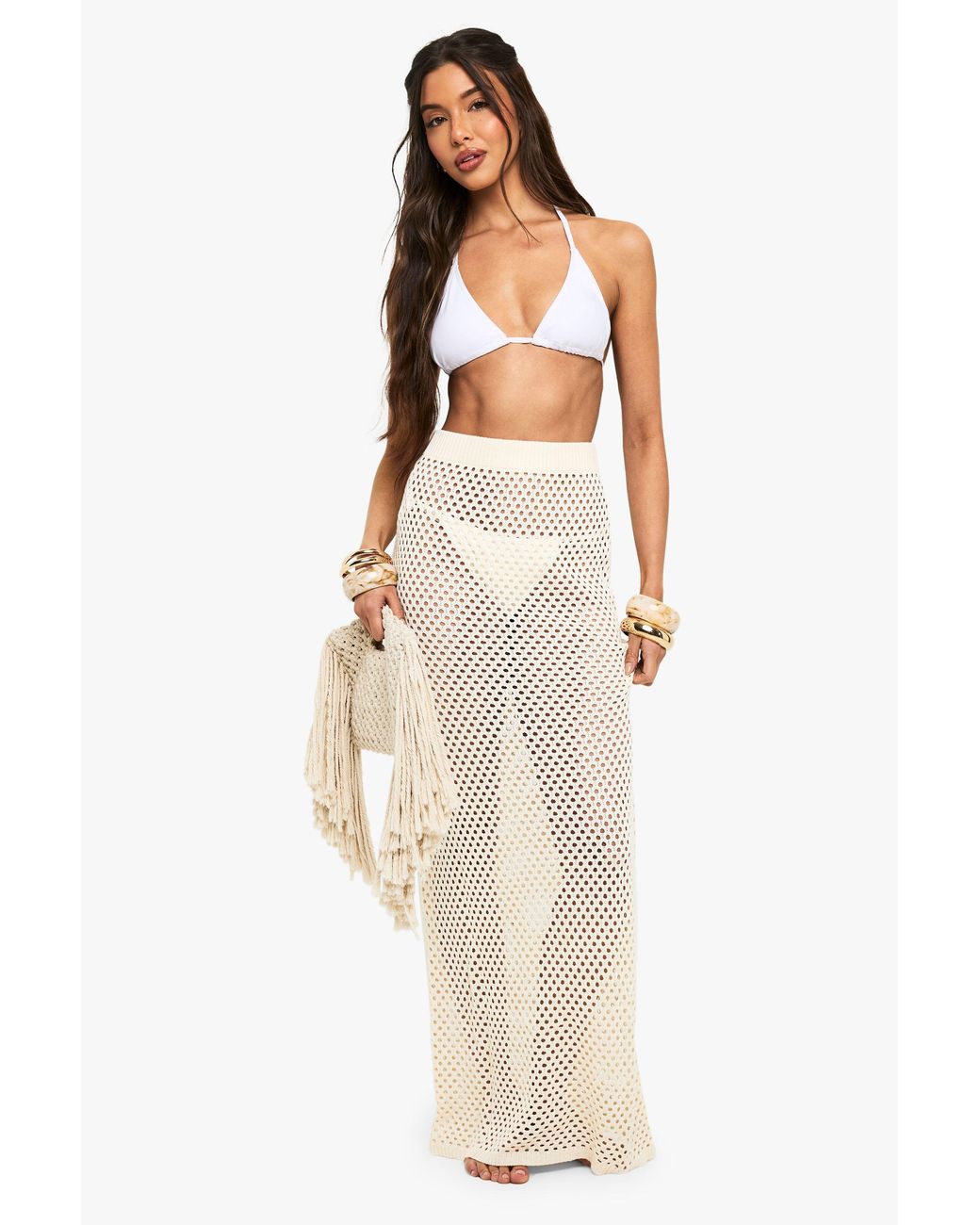 Boohoo White Crochet Maxi Beach Skirt