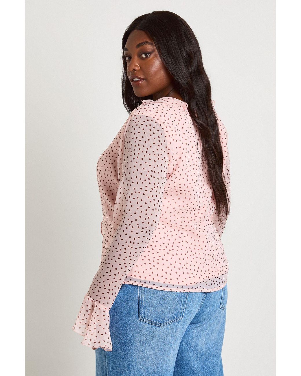 Boohoo Blue Plus Polka Dot Chiffon Ruffle Blouse