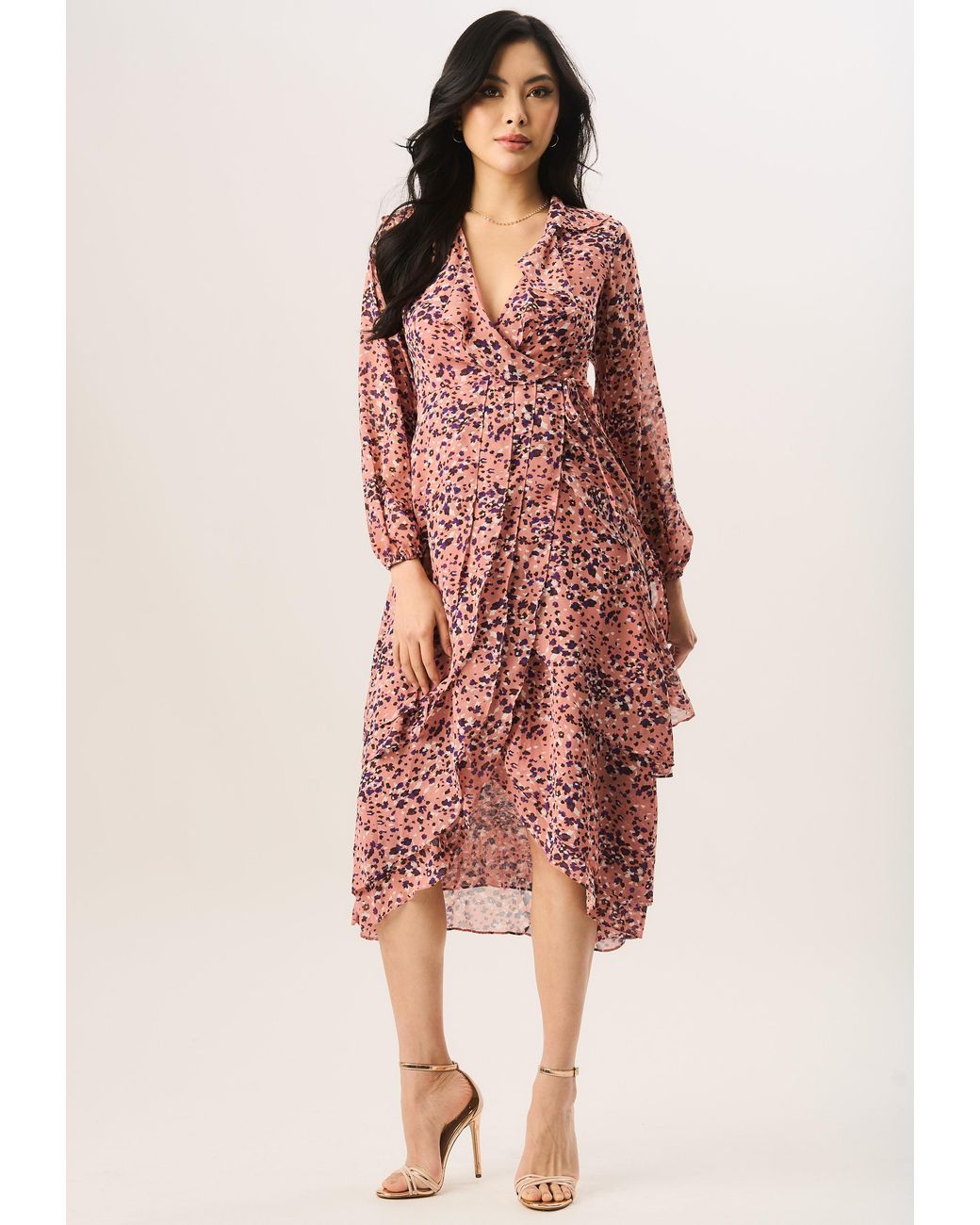 Gini London Red Multi Animal Ruffle Layer Wrap Dress