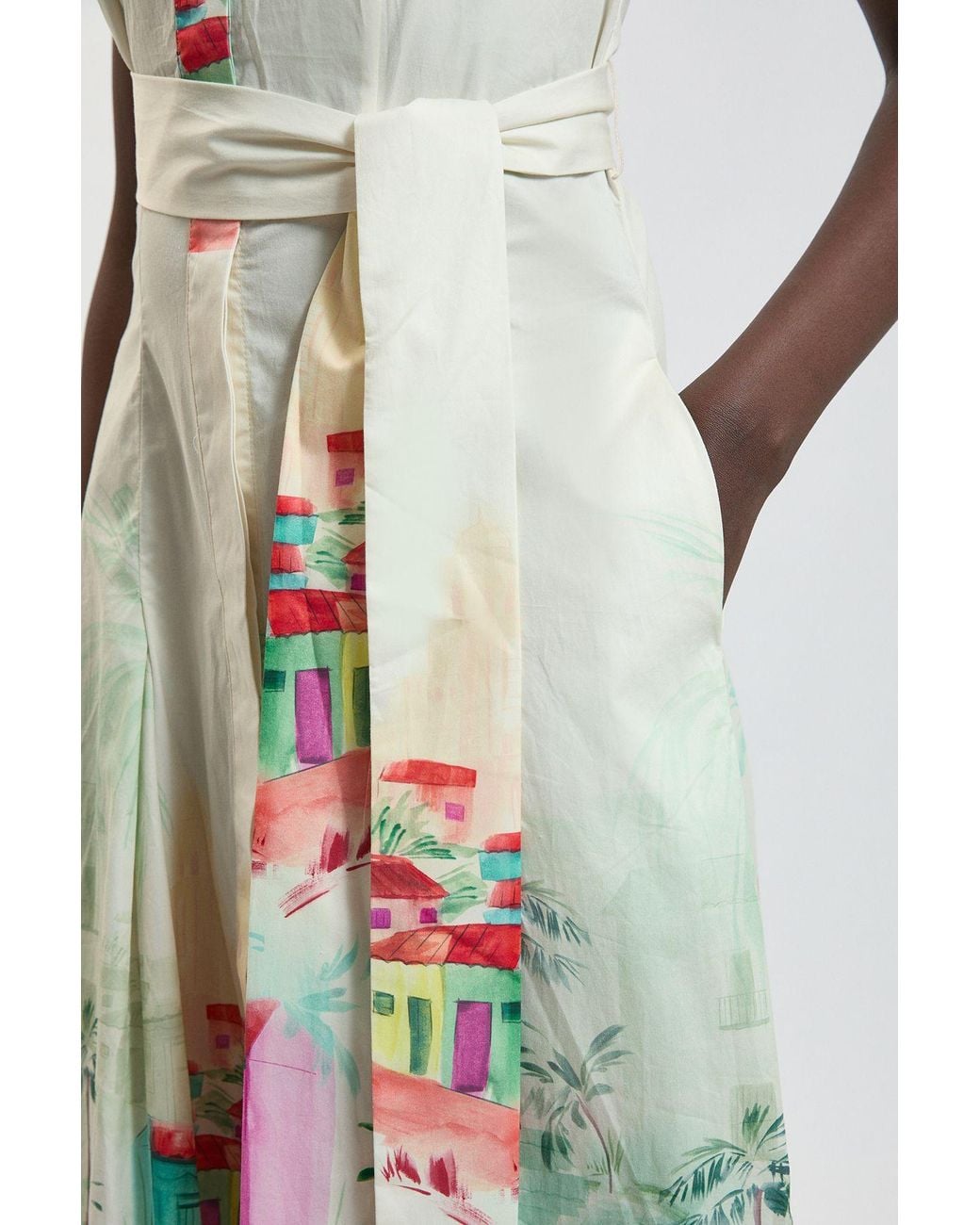 Karen Millen White Scenic Print Cotton Sateen Shirt Dress