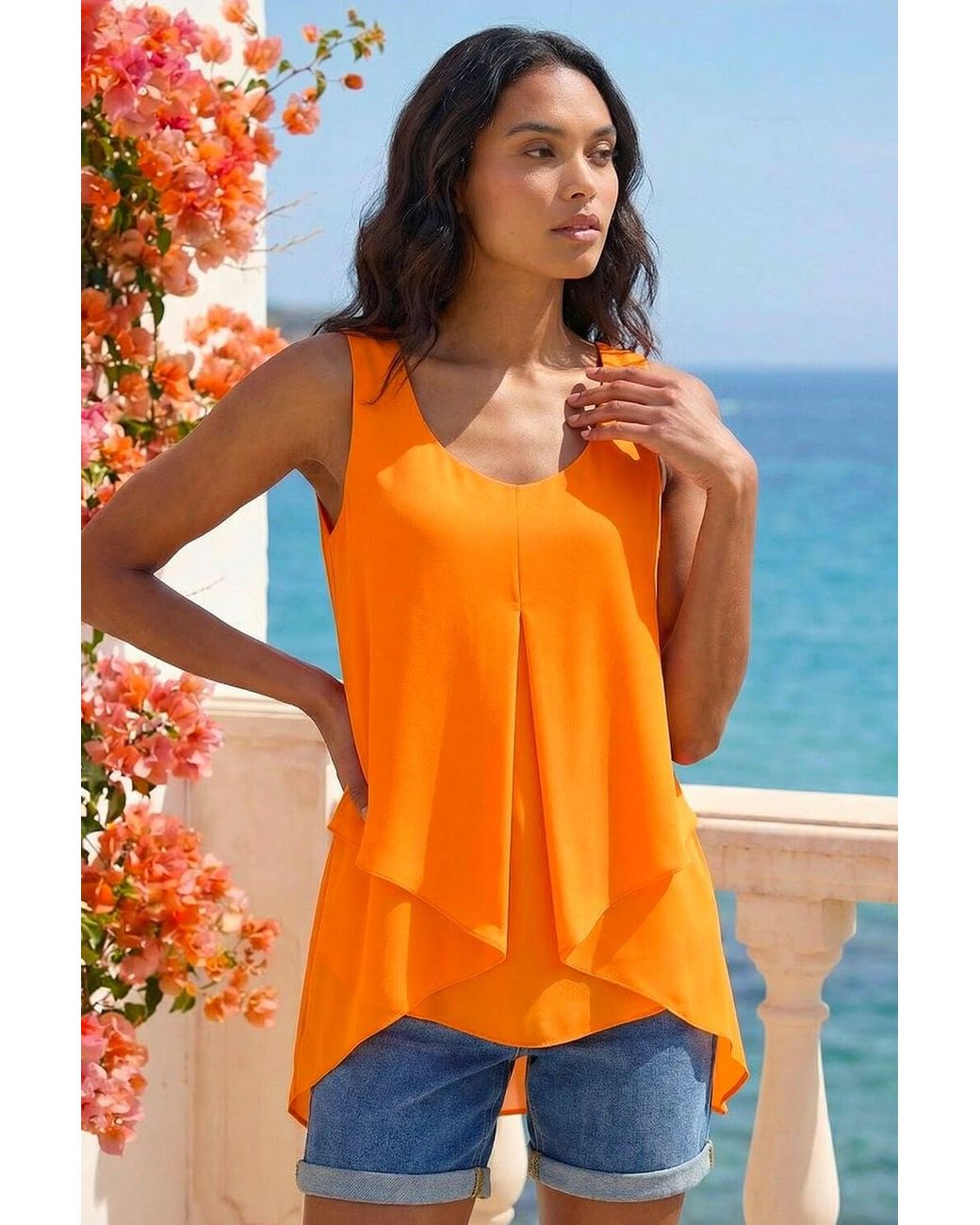 Roman Orange Asymmetric Sleeveless Vest Top