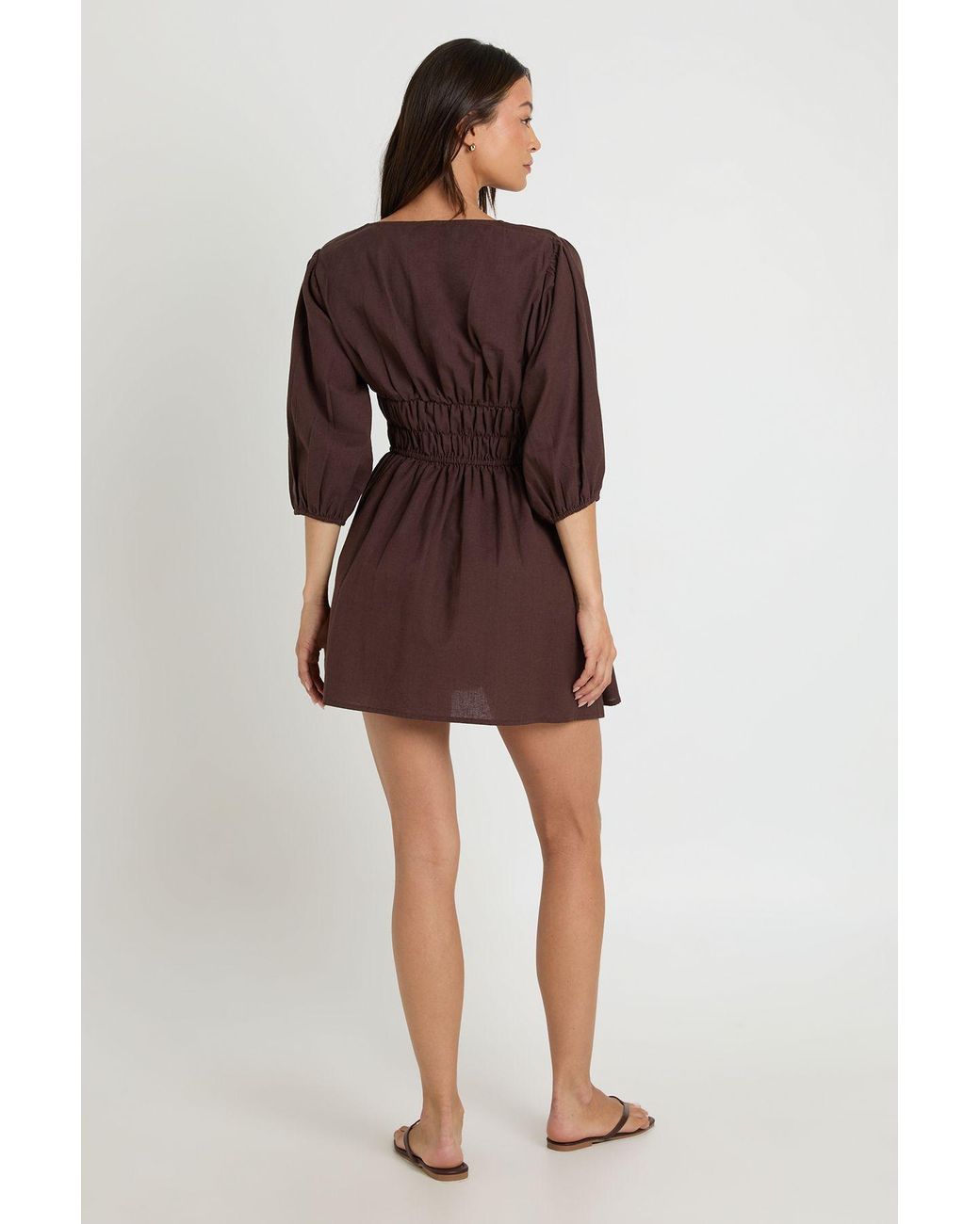 Boohoo Brown Tall Linen Look Volume Sleeve Shirred Skater Dress