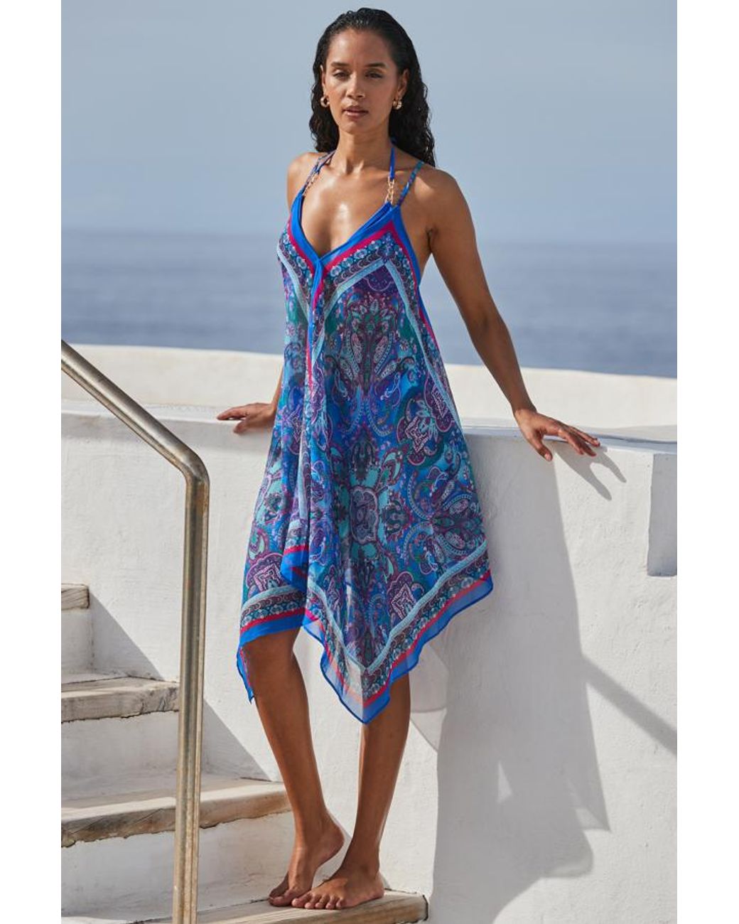 Sosandar Blue Scarf Print Hanky Hem Beach Dress