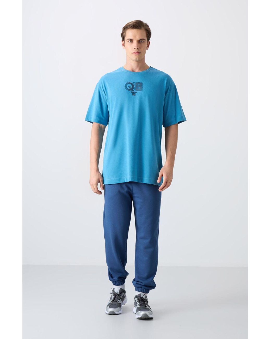 TOMMY LIFE Blue Oversized Printed Logo Crew Neck T-Shirt for men