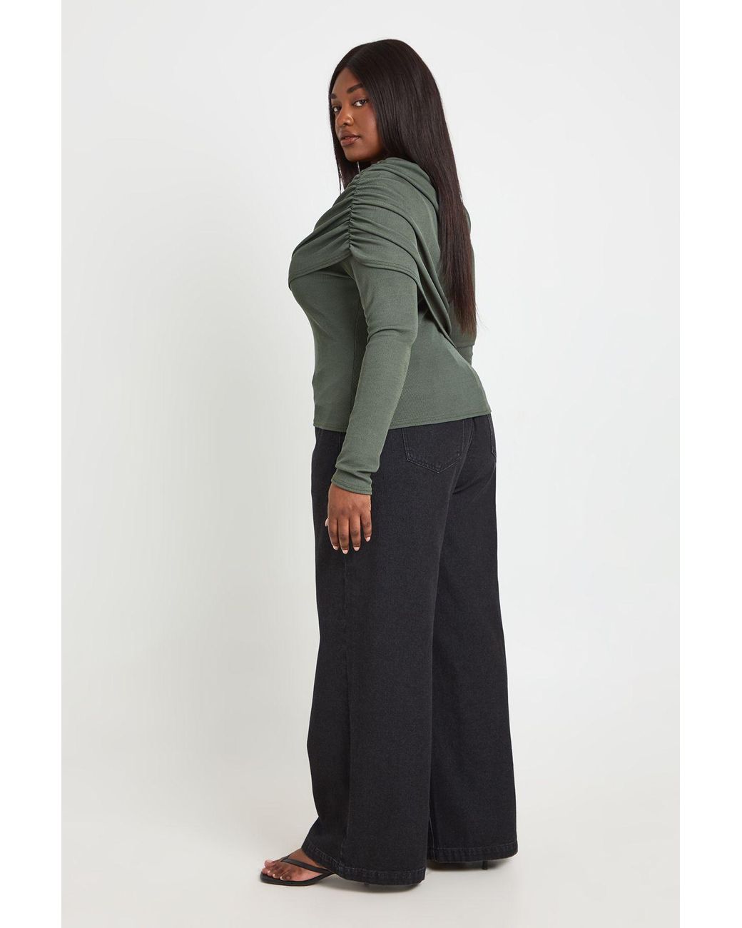Boohoo Gray Plus Ribbed Draped Front Long Sleeve Top