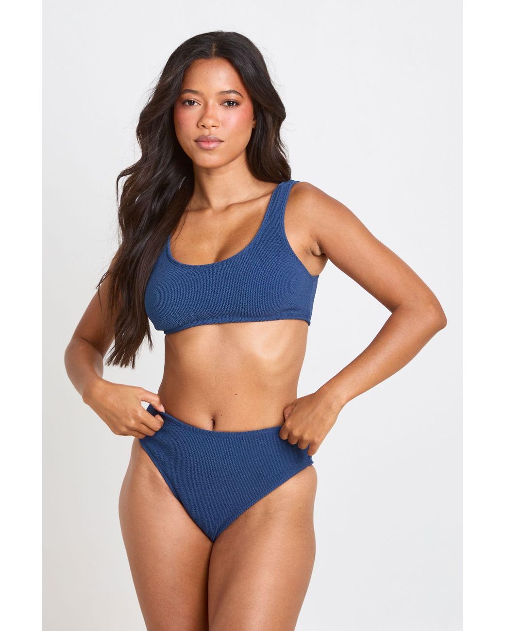 Boohoo Blue Textured High Waist Bikini Bottom
