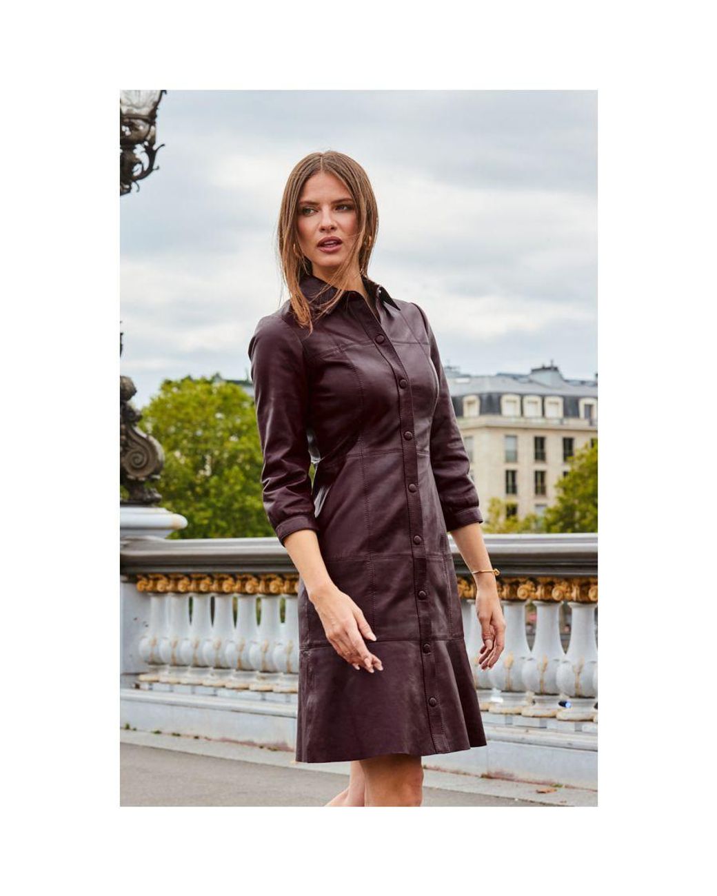 Sosandar Purple Burgundy Fluted Hem Leather Dress