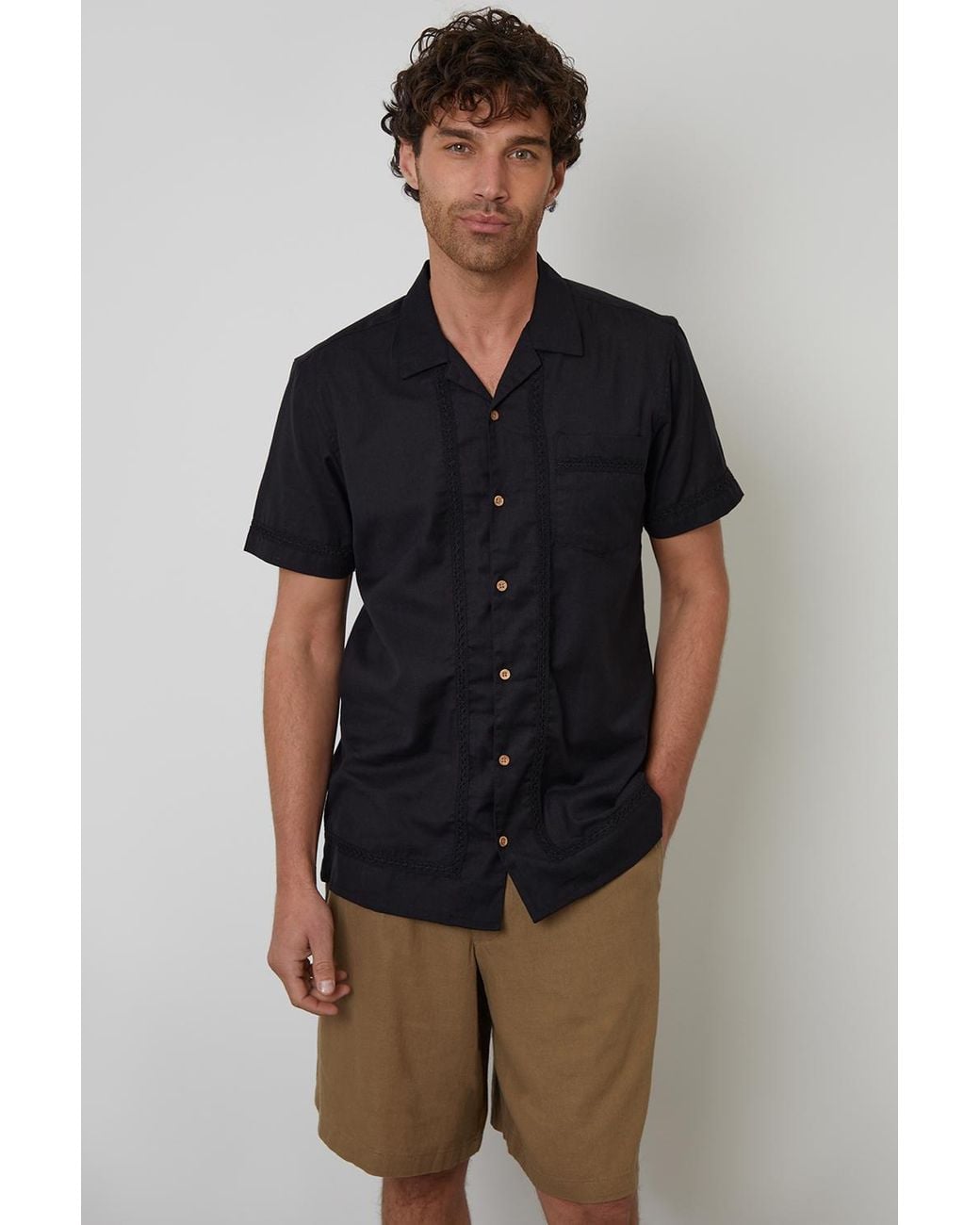 Threadbare Blue Cotton Crochet Lace Short Sleeve Shirt With Linen for men