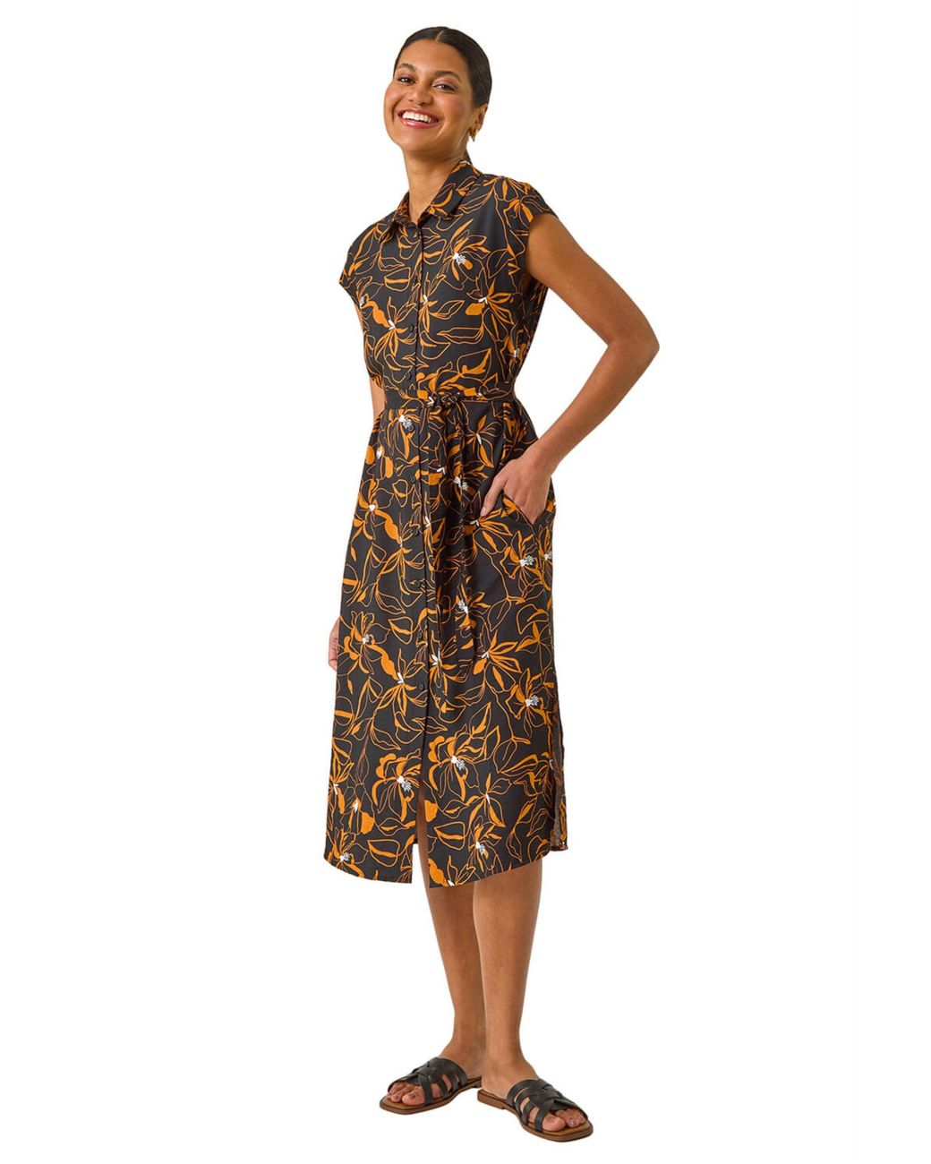 Roman Brown Floral Belted Midi Shirt Dress