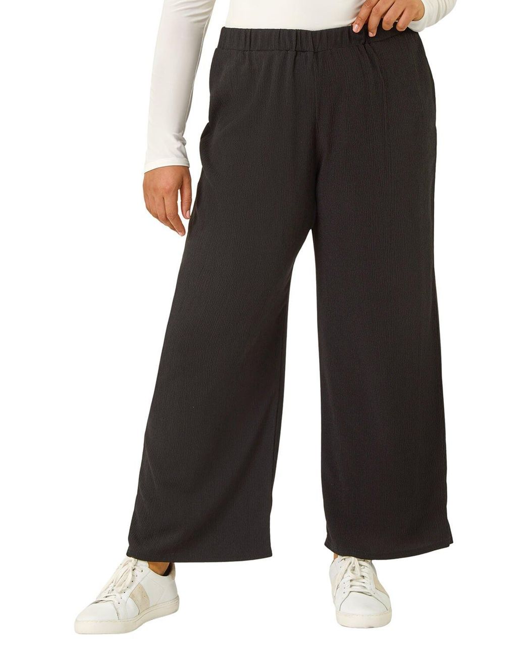 Roman Black Curve Textured Elastic Waist Wide Leg Trouser