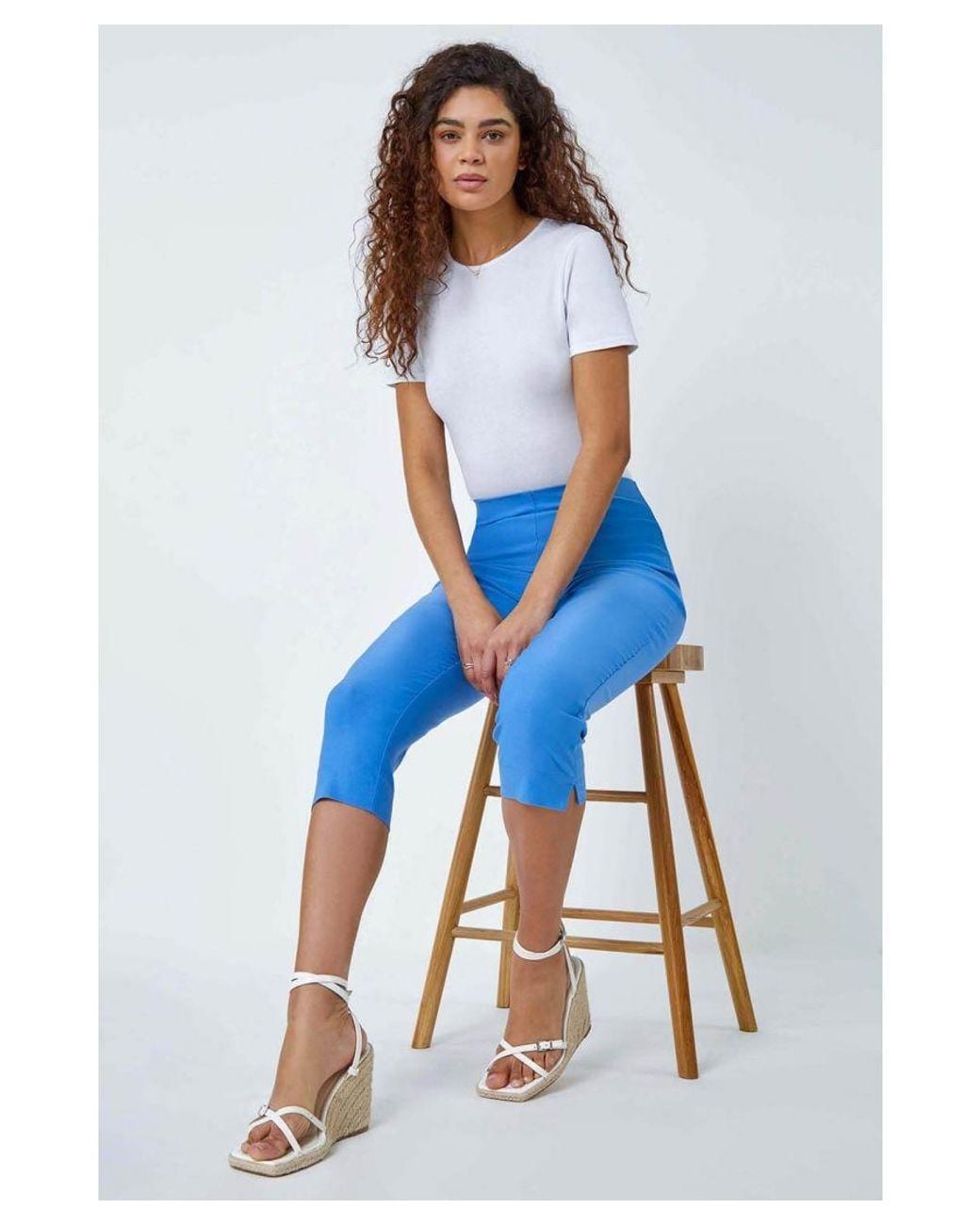 Roman Blue Gingham Elastic Waist Stretch Cropped Trouser