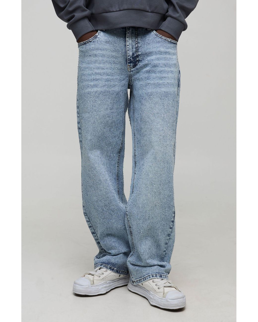 BoohooMAN Blue Relaxed Fit All Over Clear Rhinestone Embellished Jeans for men