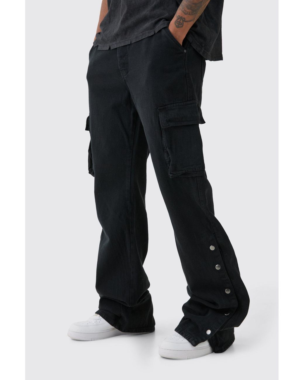 BoohooMAN Black Tall Relaxed Flare Overdye Popper Hem Cargo Pants for men