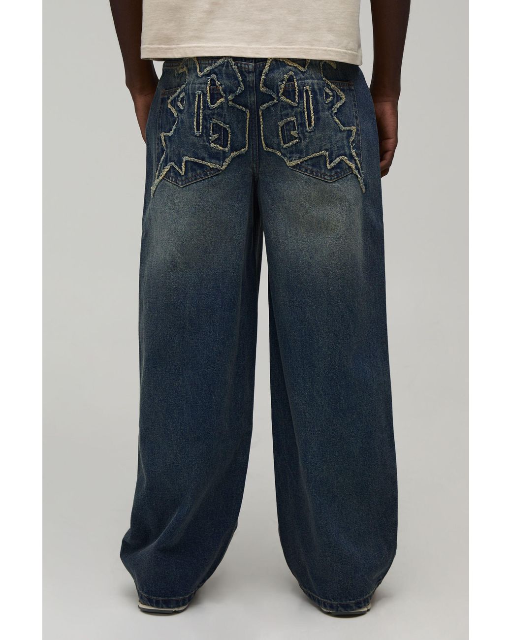 BoohooMAN Blue Gothic Applique Baggy Fit Jeans for men