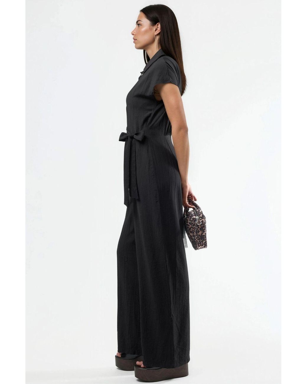Busem Black Wide Leg Buttoned Shirt Collar Jumpsuit