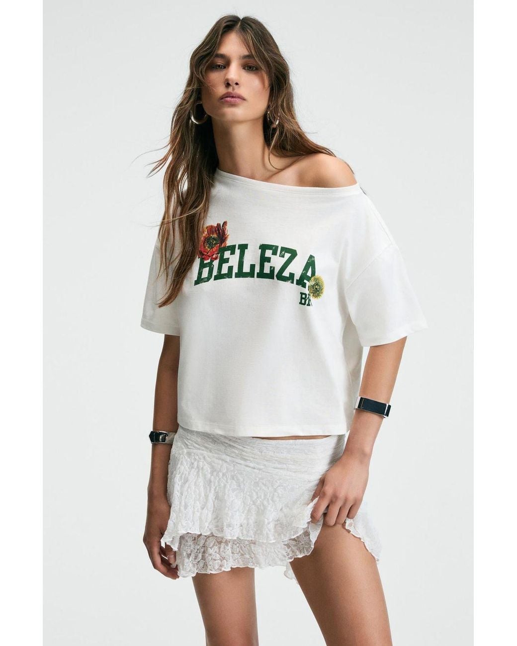 Grimelange White Printed Crop Boat Neck T-Shirt