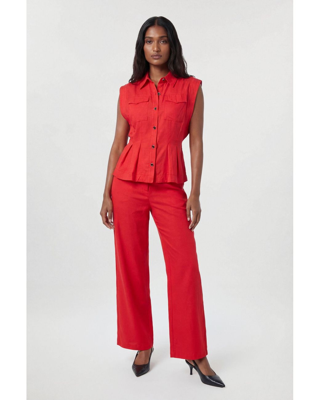 Karen Millen Red Premium Viscose Linen Woven Straight Leg Trouser