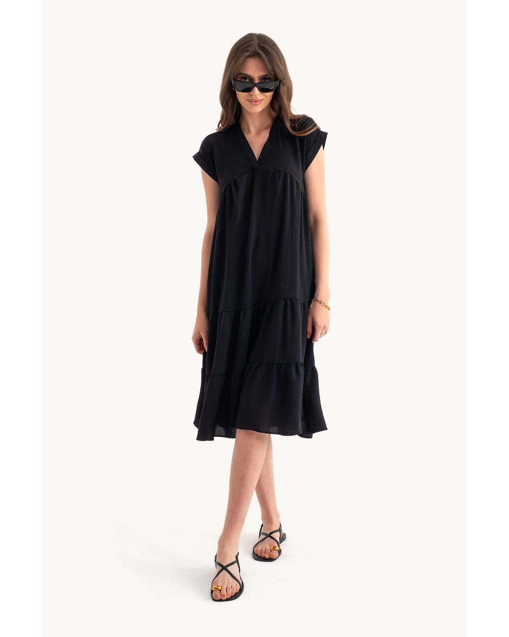 Hiccup Black V Neck Tiered Midi Casual Dress