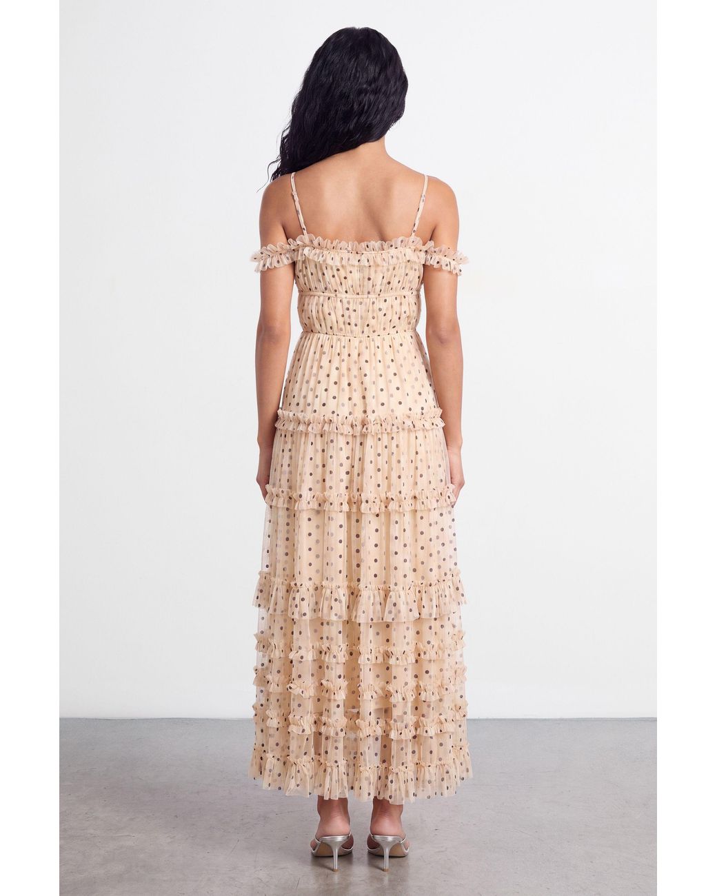 Warehouse Natural Bardot Gathered Seam Detail Tulle Maxi Dress