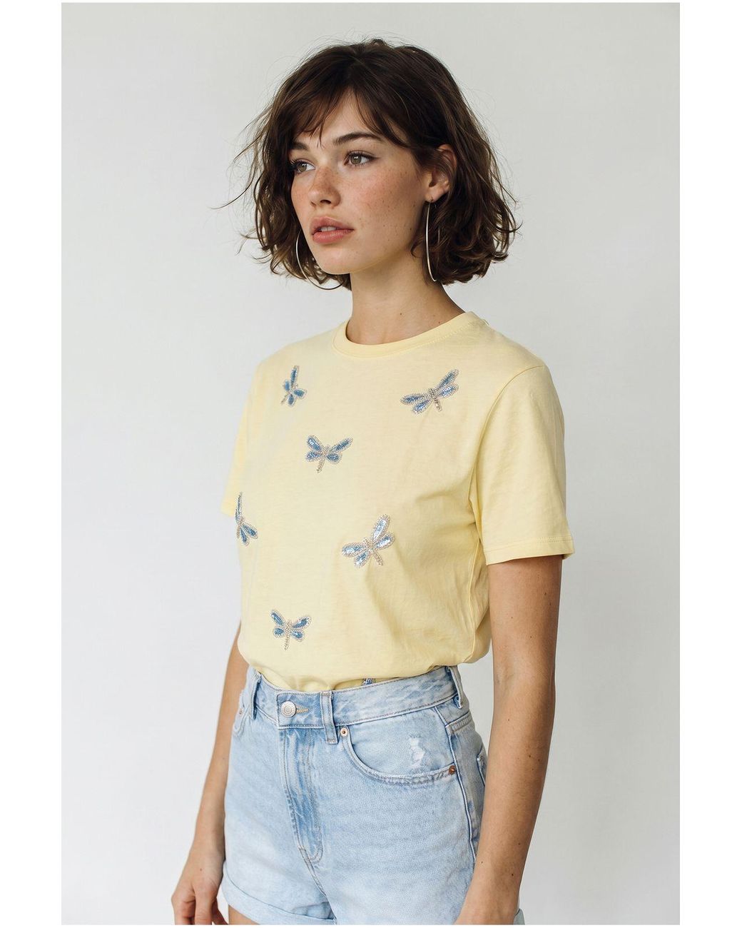 Bianco Lucci White Embroidered Crew Neck Relaxed Fit T-Shirt