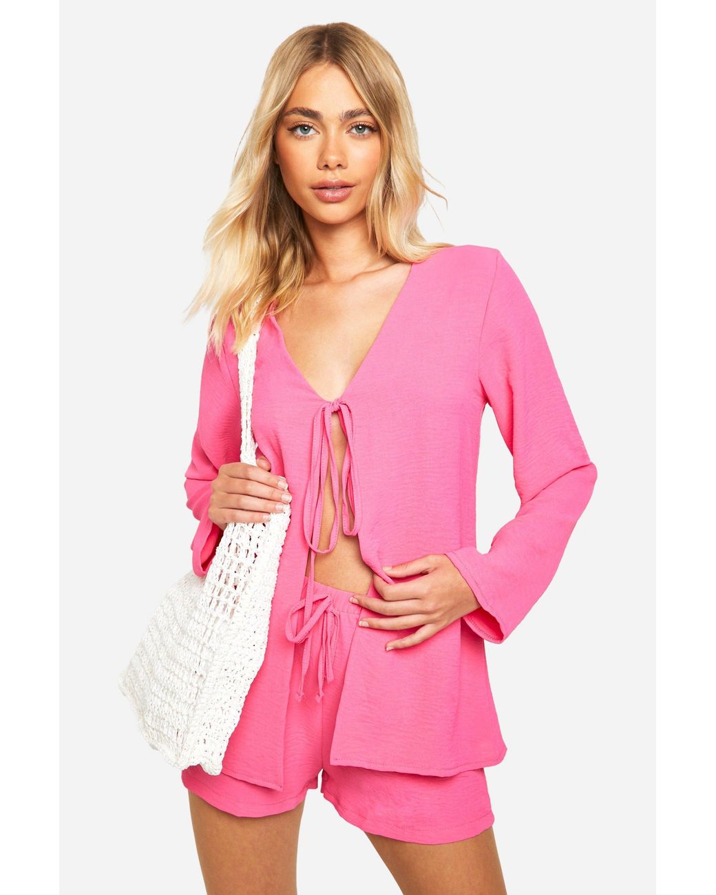Boohoo Pink Hammered Tie Front Blouse & Relaxed Fit Shorts